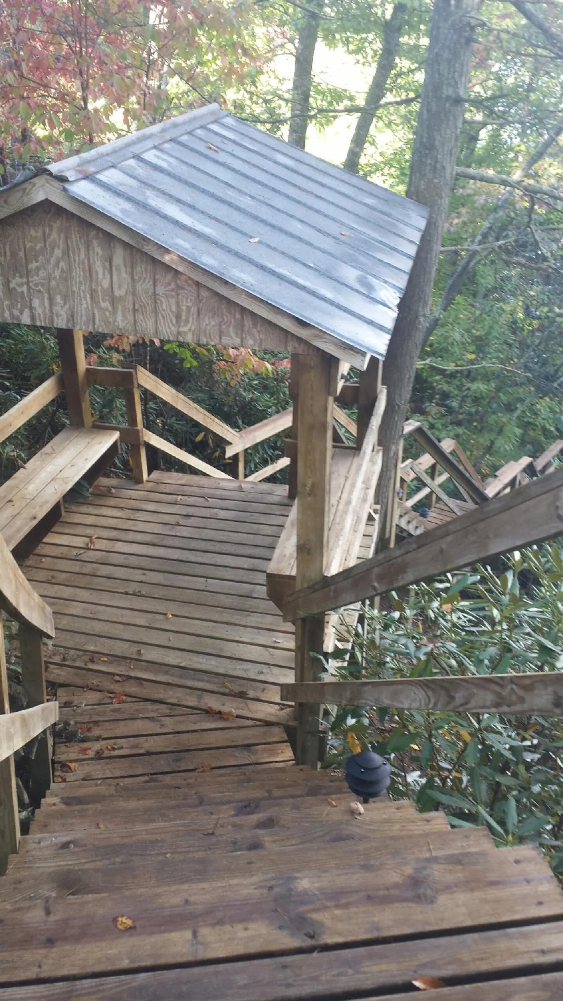 Metal roofed shelter over wooden steps on a wooded walkway — Skylight Repair & Installation work by our crew in Keno